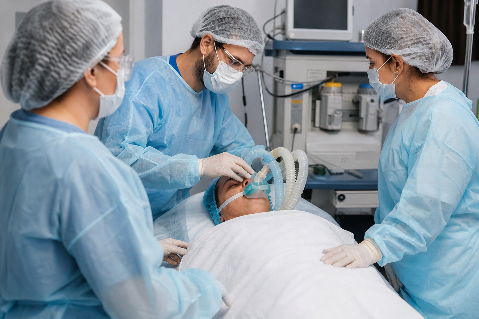 Equipe médica monitora paciente durante procedimento ambulatorial realizado sob sedação