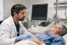 Médico acompanha paciente durante procedimento ambulatorial em ambiente hospitalar, sem textos ou logotipos visíveis