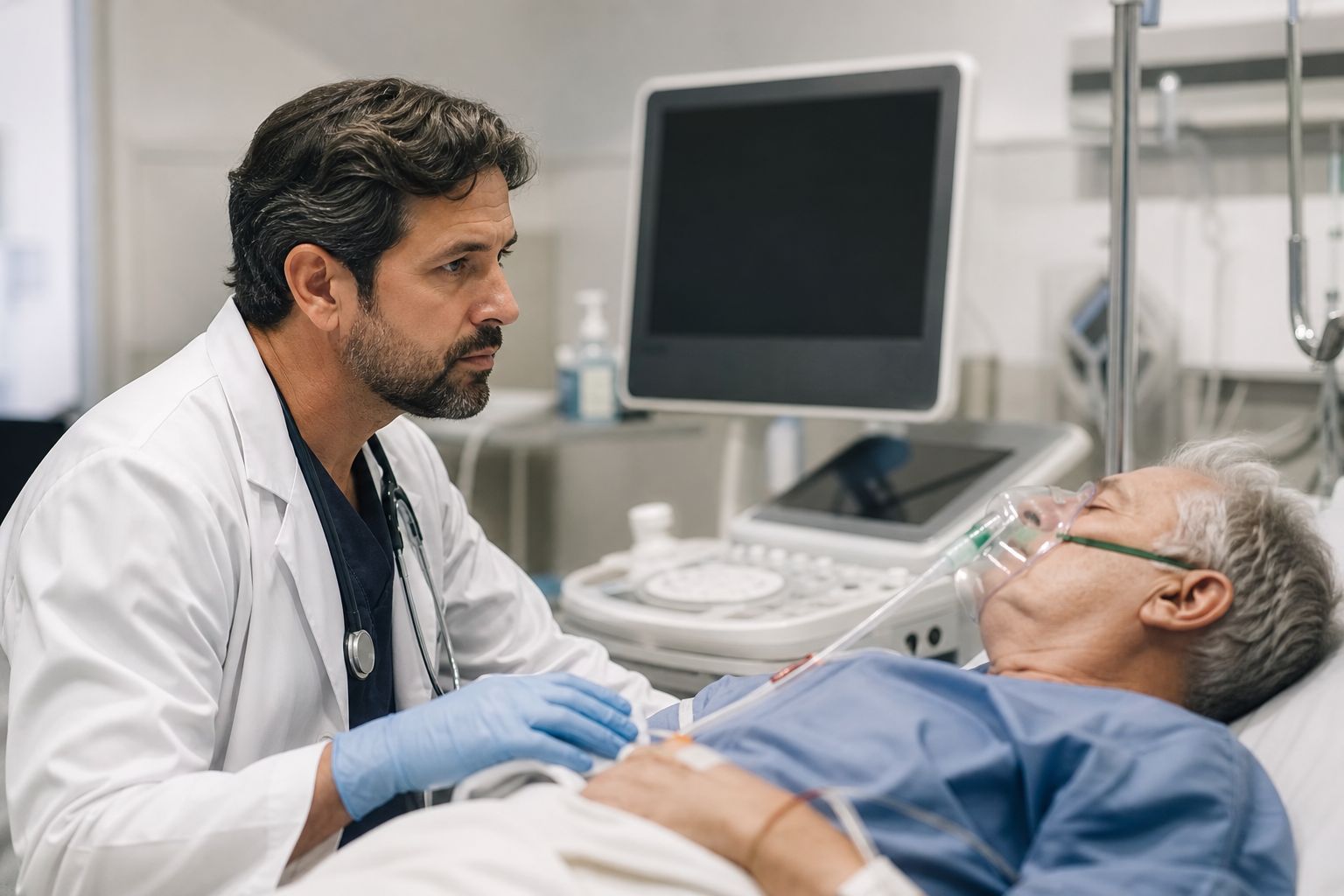 Médico acompanha paciente durante procedimento ambulatorial em ambiente hospitalar, sem textos ou logotipos visíveis