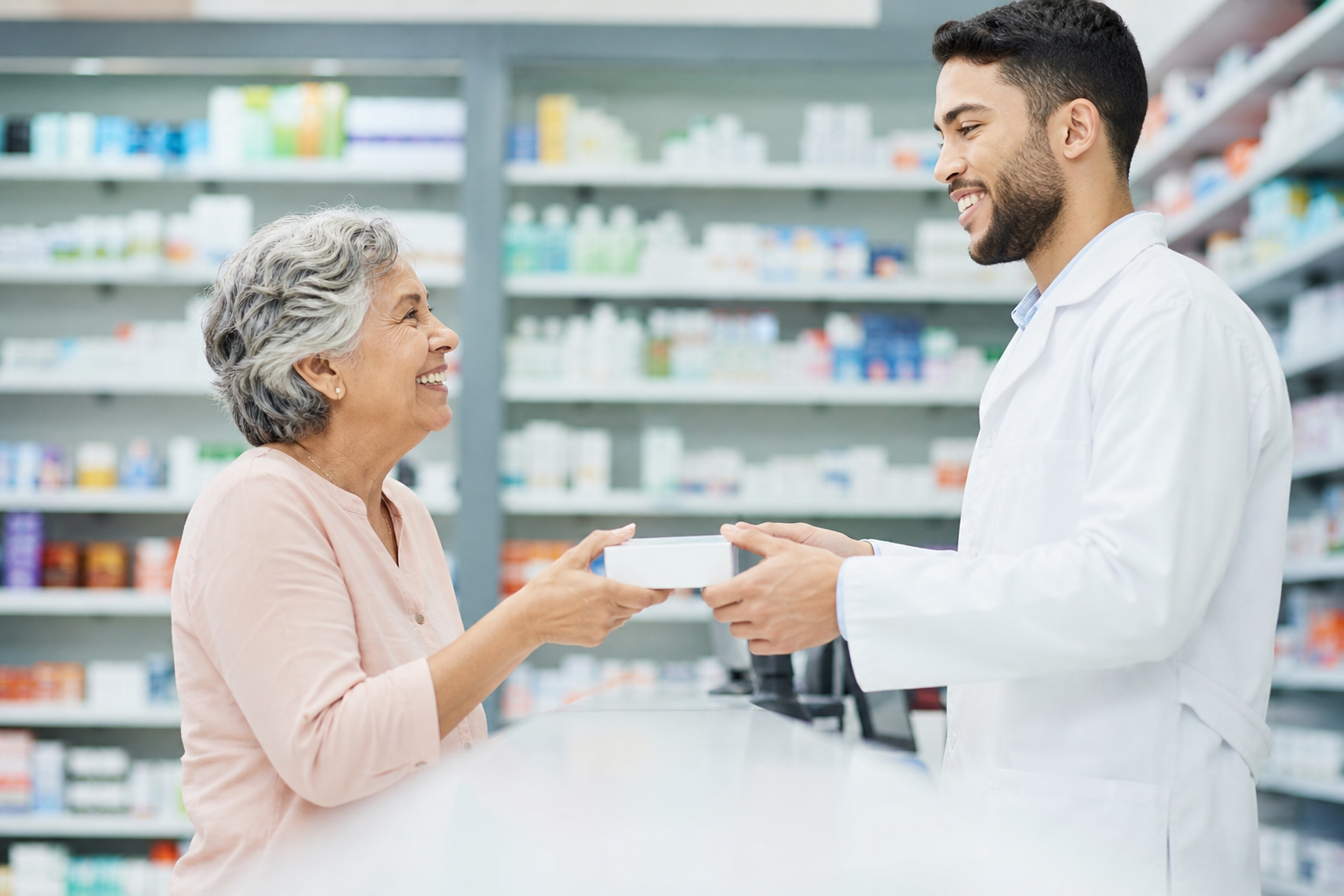 Pessoa idosa recebe medicamento em uma farmácia credenciada